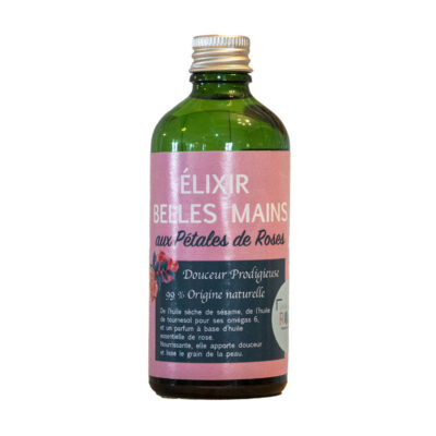 Elixir belles mains les chemins de la rose naturelle, flacon en verre et fabriqué en france