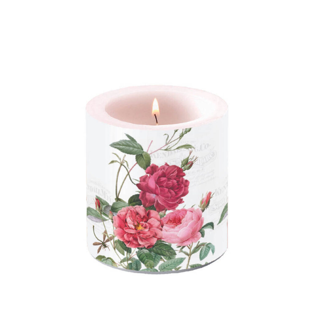 bougie amber de chez ambiente blanche avec des roses élégantes