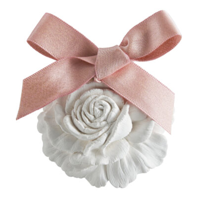 rose en plâtre blanc avec ruban rose décor parfumé rose élixir mathilde m petit format