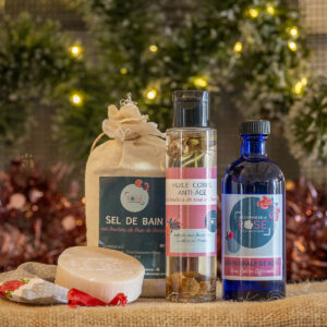 calendrier de l'avent - idée calendrier skincare - sel de bain huile corps eau de rose savon et sac de transport