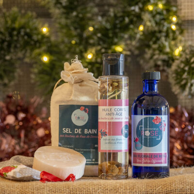 calendrier de l'avent - idée calendrier skincare - sel de bain huile corps eau de rose savon et sac de transport