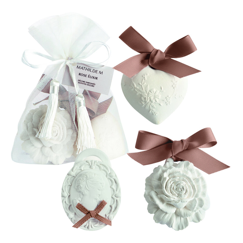 pochon de 3 décors parfumés rose elixir pour armoire tiroir et linge